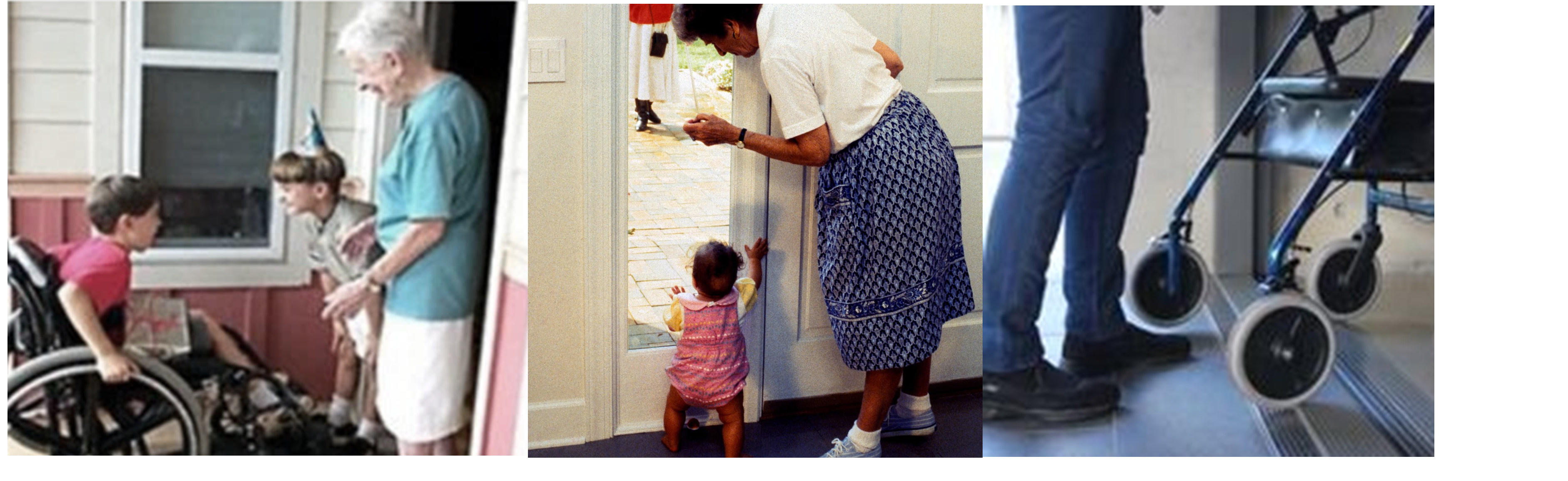 Boy in a wheelchair comes home, a toddler looking through a step free home entry, and an elderly person in their own homes